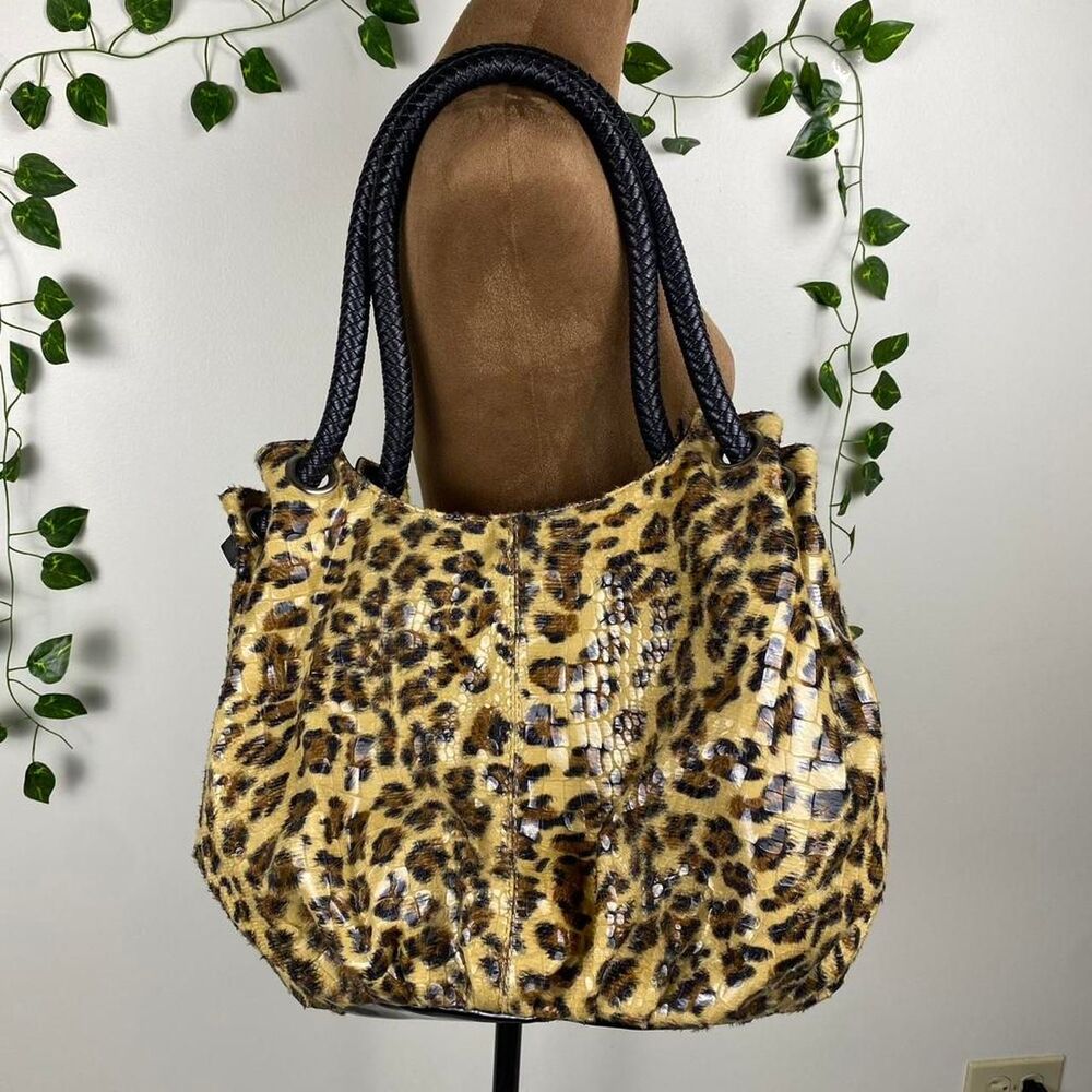 Vintage Lee Sands Y2K leopard print slouchy hobo bag 2000s sequin/crocodile skin
